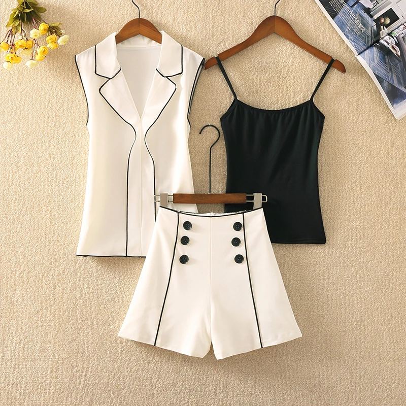 

Suit 2021 new female summer sleeveless temperament chiffon vest high waist shorts small fragrance professional three-piece suit