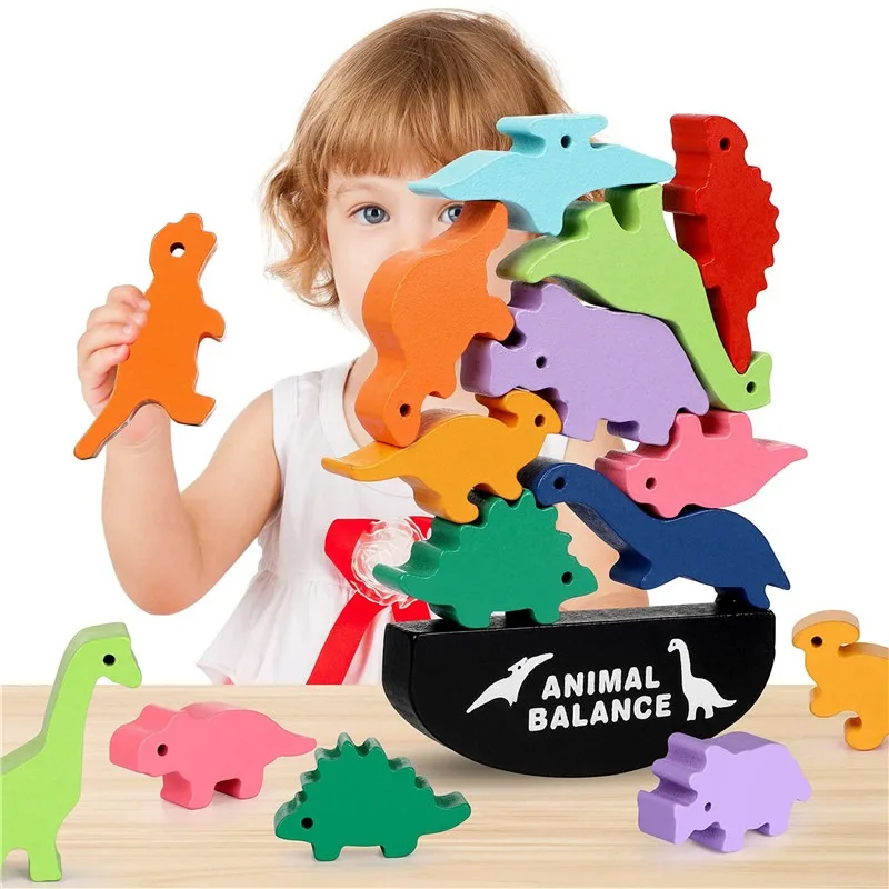 Bloques de equilibrio de animales de madera Montessori para niños, juegos de mesa, juguete educativo de dinosaurios apilables, bloques de construcción altos, juguete de madera