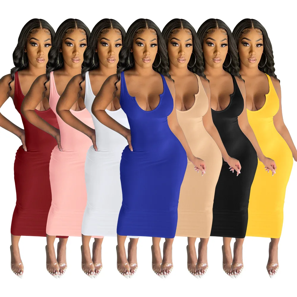 

Women's Casual Sleeveless Solid Color V-neck Slim Dress
