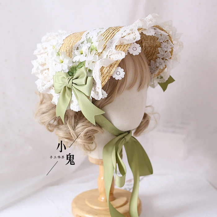 

Tea Party Multi color Lolita Straw Hat Flat hat Bonnet Handmade Mori Girl Gorgeous Elegant Princess Multi Layer Lace Flower Bnt