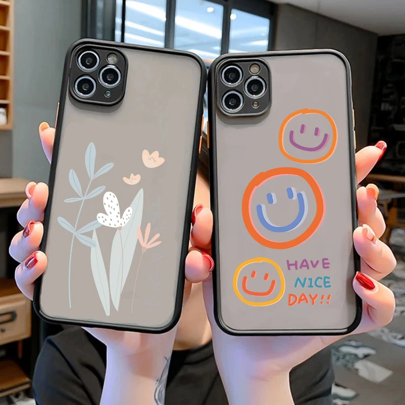 

Luxury Flower Case For iPhone 13 Mini 11 12 13 Pro Max X XR XS Max 7 8 6 6s Plus SE 2020 Soft PC Bumper Matte Smiley Back Cover