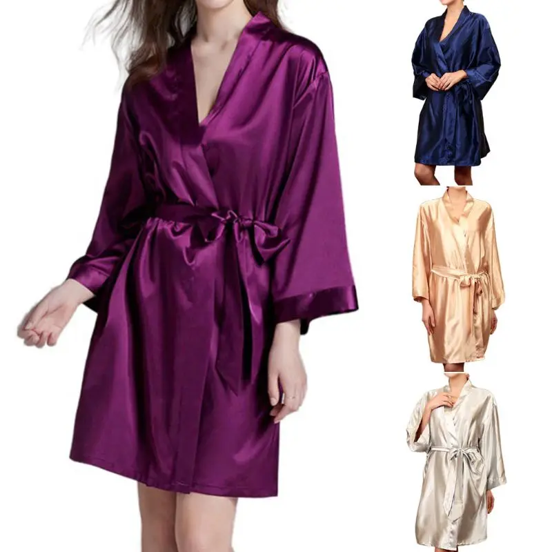 

Womens Imitation Silk Short Kimono Robe Dressing Gown Open Front Solid Color Loose Bridesmaid Bathrobe Belted Sleepwear