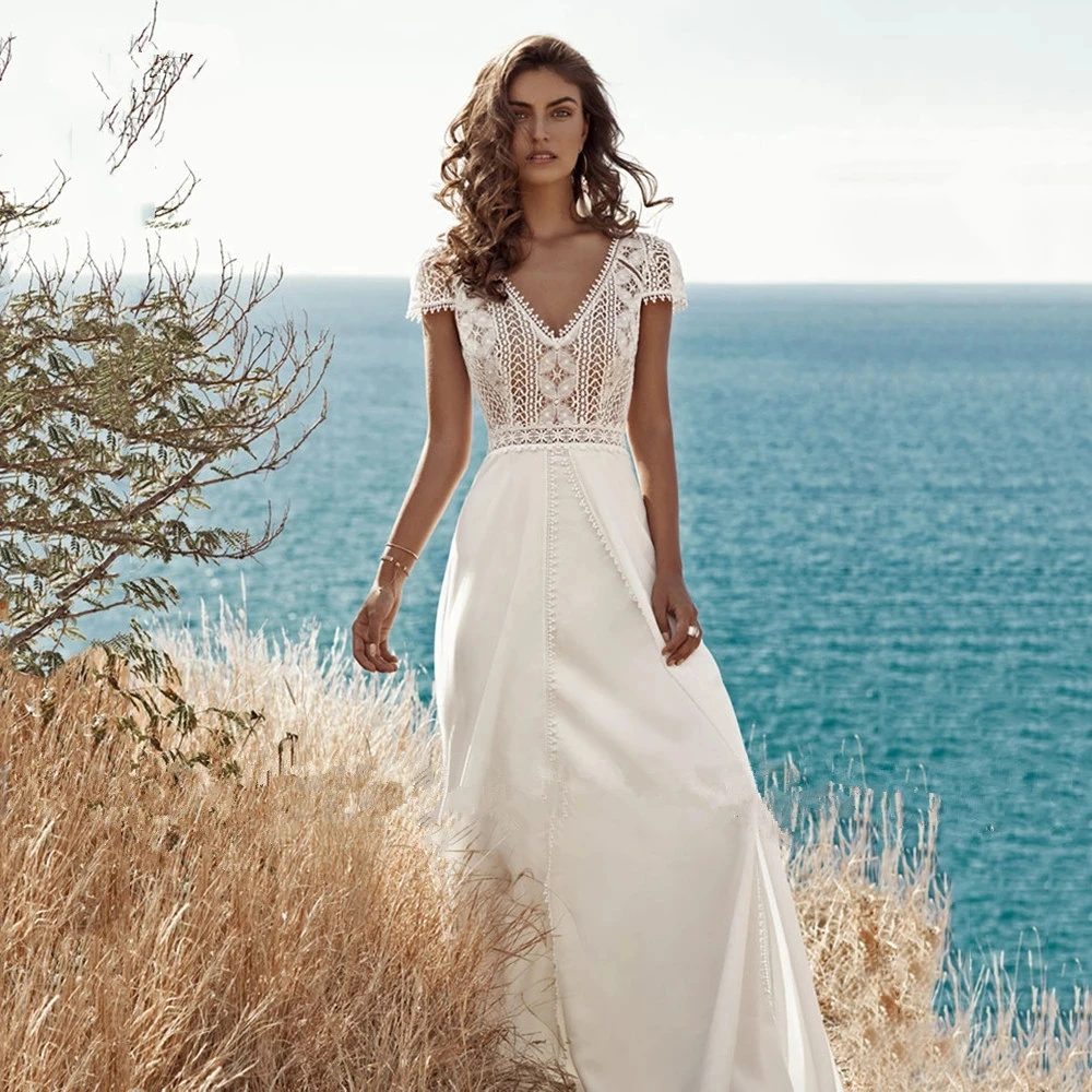 White Elegant Illusion V Neck Lace Backless Wedding Dress Cap Sleeve Chiffon Cut Out A Line Robe De Soirée De Mariage