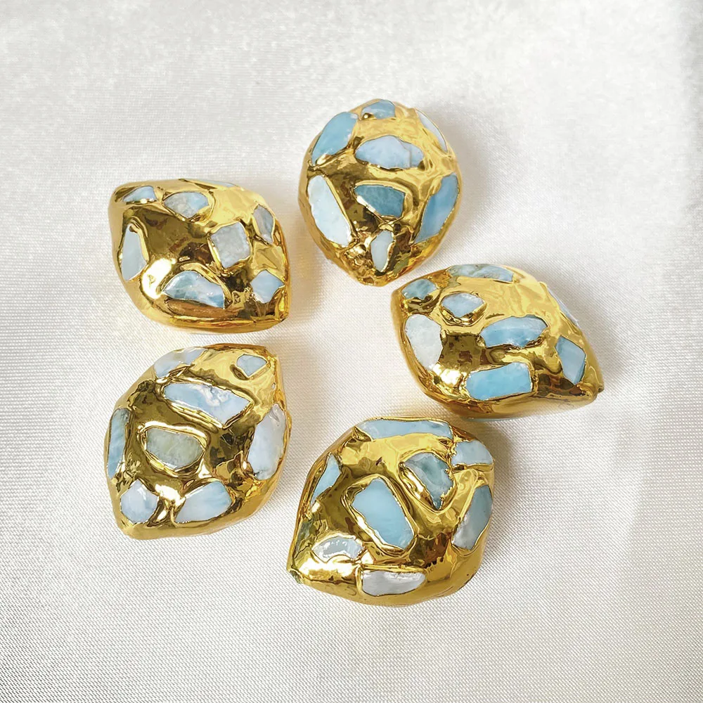 23x30mm Yellow Gold Color Plated Natural Larimar Chips Gems Oval Beads For Necklace Pendant Jewelry DIY