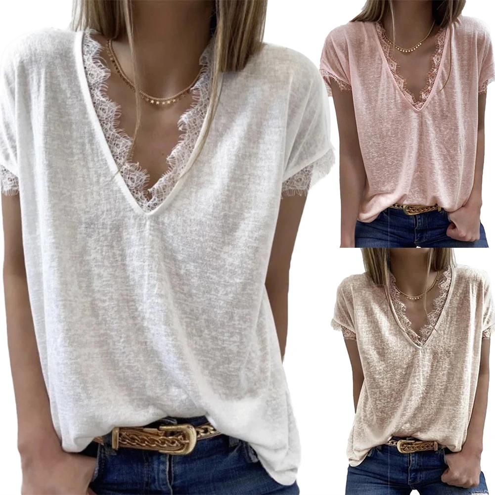 

woman tshirts Fashion Solid Color tshirt Short Sleeve Deep V Neck Lace Trim Top T-shirt