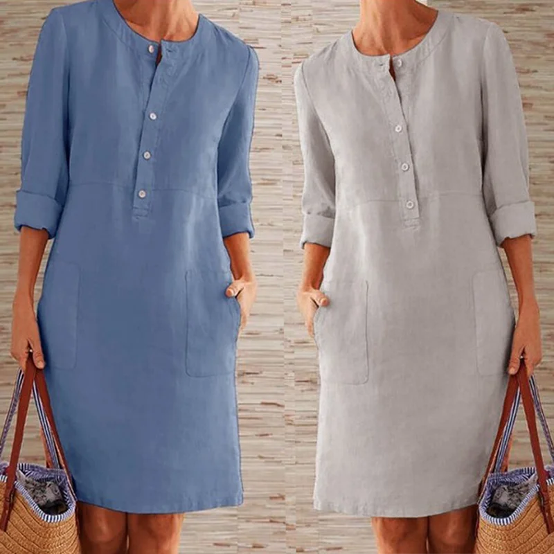 

Spring and Autumn New Fashion Cotton Round Neck Sweat Absorbent Breathable Long Sleeve Large Size Casual Temperament Dress