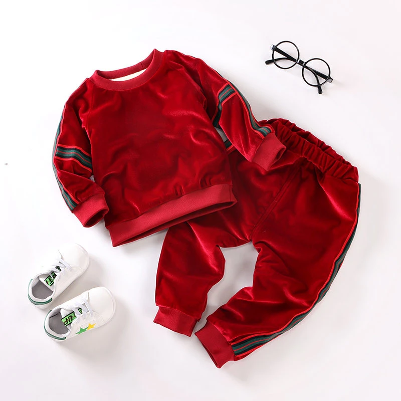 2Pcs autumn Spring Girls boys Gold Velvet Warm Clothes Set Baby Kids Cute Sweater Suit Children Clothing Coat + Pant | Детская одежда и