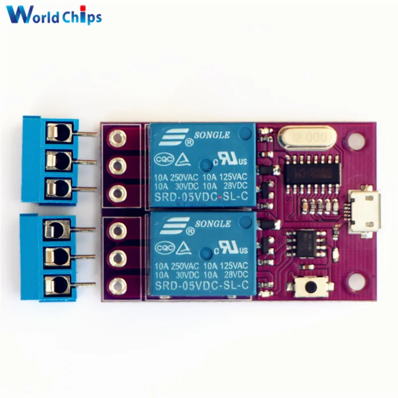 2-канальный 5 в модуль реле задержки CH340 CH340G Micro USB для TTL Интеллектуальный