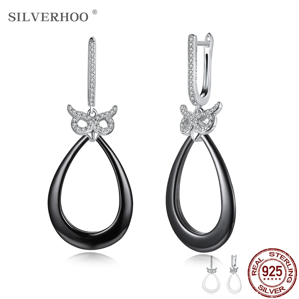 

SILVERHOO 925 Sterling Silver Cute Owl Cubic Zirconia Drop Earrings For Women Water Drop Ceramics Earring Dangle Silver Jewelry