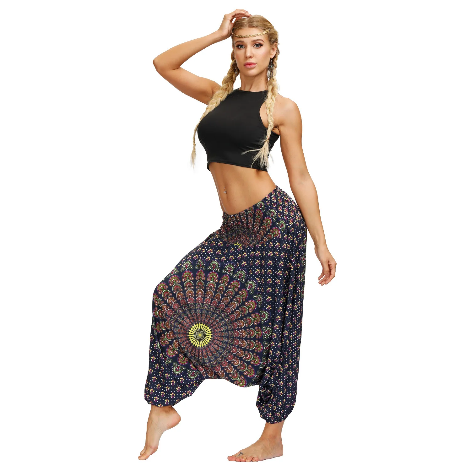 

Crotch Pants Style Bohemian Pants High Waist Wide Leg Bloomers Indian Woman Belly Dance Harem Pants Thai Printed Beam Feet Pants