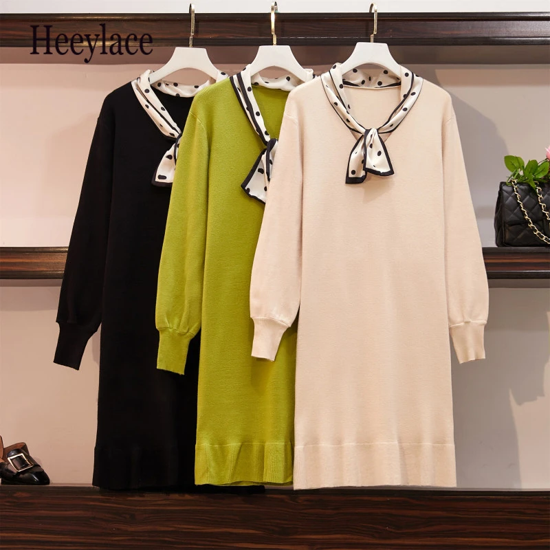 Платье Свитер размера плюс для женщин осенне зимнее вязаное платье с длинным