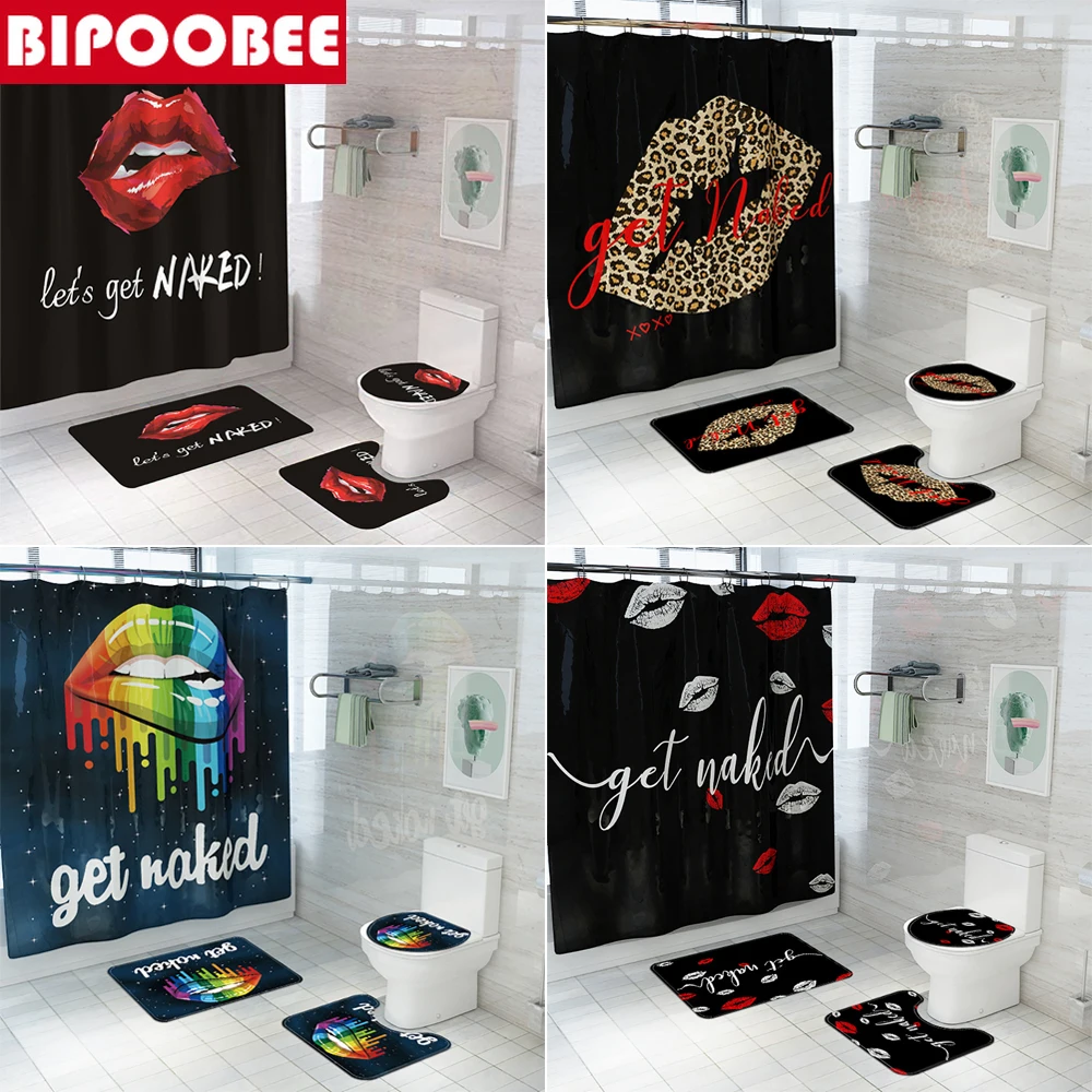 

Sexy Lips Printed Shower Curtain Get Naked Pattern Bathroom Curtain Set Creativity Bath Rugs Toilet Cover Mat Non Slip Carpet