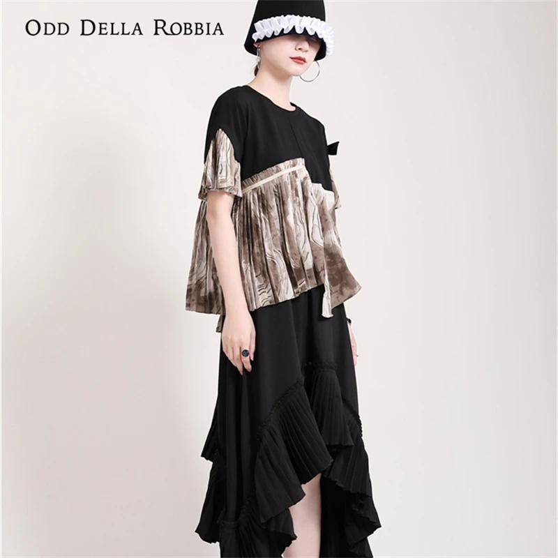 

OddDellaRobbia Summer New Fashion Organ Pleated Chiffon Shirt Stitching Contrast Color Round Neck Short-Sleeved Shirt Women 2001