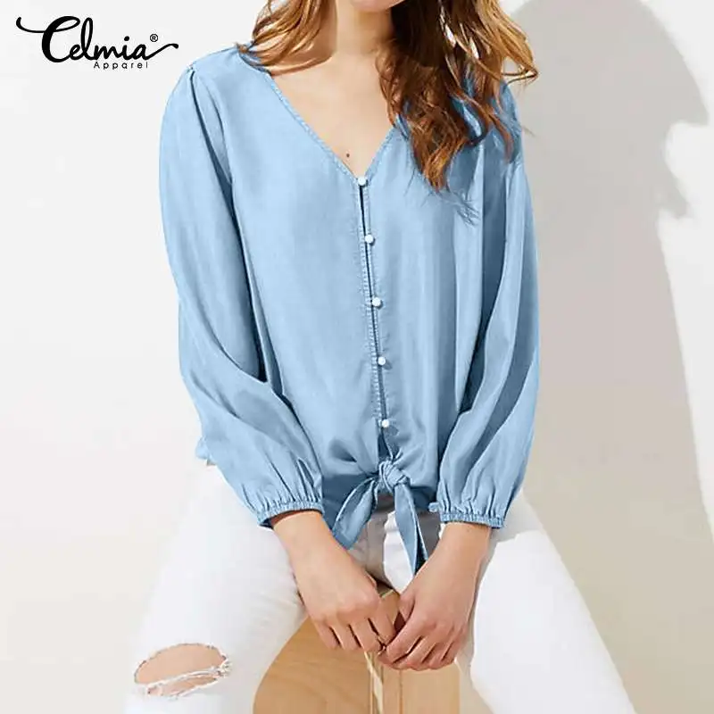 

Celmia Women Fashion Denim Shirts 2021 Autumn Long Sleeve Knot Blouse Sexy V-neck Buttons Oversized Tops Casual Party Blusas