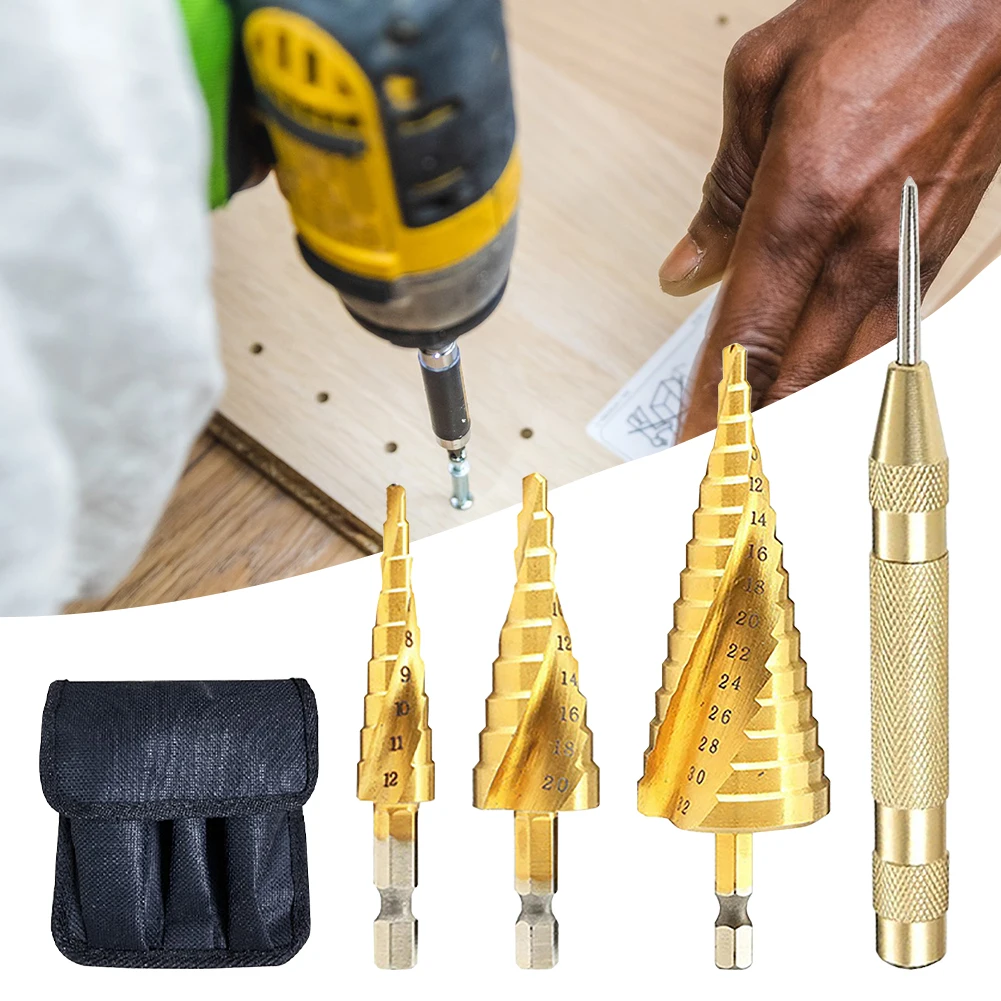 

4pcs Easy Replacement For Woodworking Hex Conical Hole Opening Professional Universal HSS Step Drill Set Titanium Coated Drill