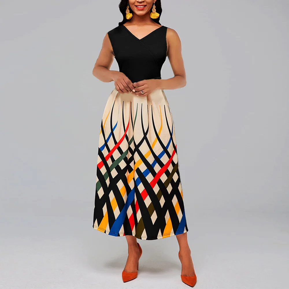 

Woman Dress 2021 Spring Casual Plus Size Slim Patchwork Striped Ball Gown Maxi Dress Women Sexy Vintage Office Long Party Dress