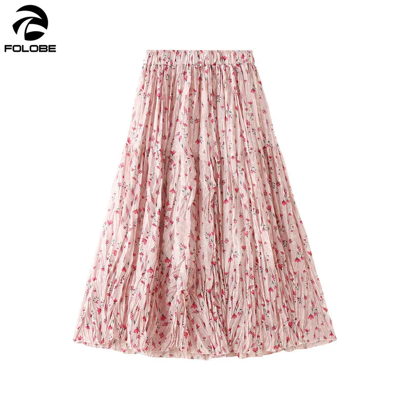 

FOLOBE 2021 New Summer Pink Floral-print Skirt Women High Waist Folds Patchwork A-line Sweet Chiffon Skirt Pleated Skirt Faldas