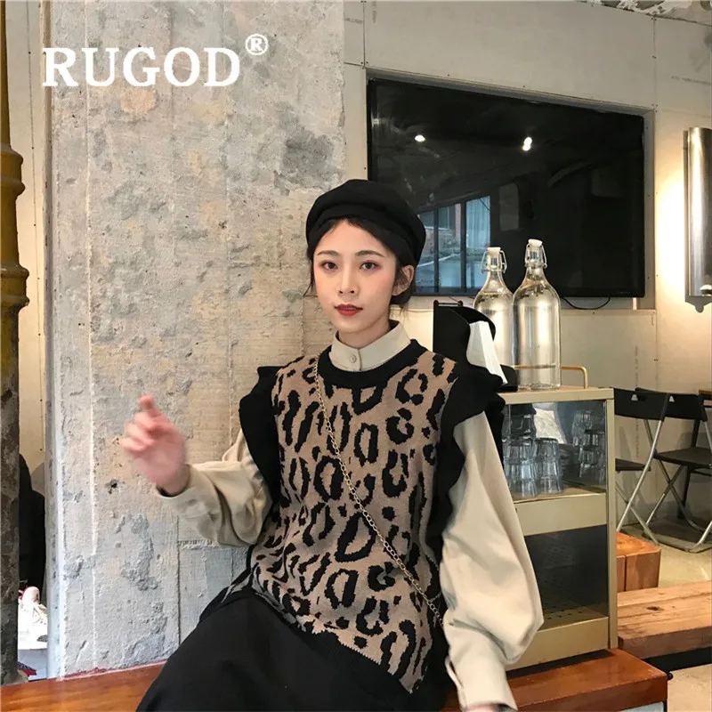 RUGOD 2019 New Autumn Women Shirt and Leopard Sweater Vest Stand Collar Loose O-neck Butterfly Sleeveless Pullover | Женская одежда