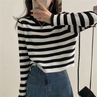 oversized pullovers 2021 new womens short long sleeved black and white striped sweater spring and autumn thin knitted top