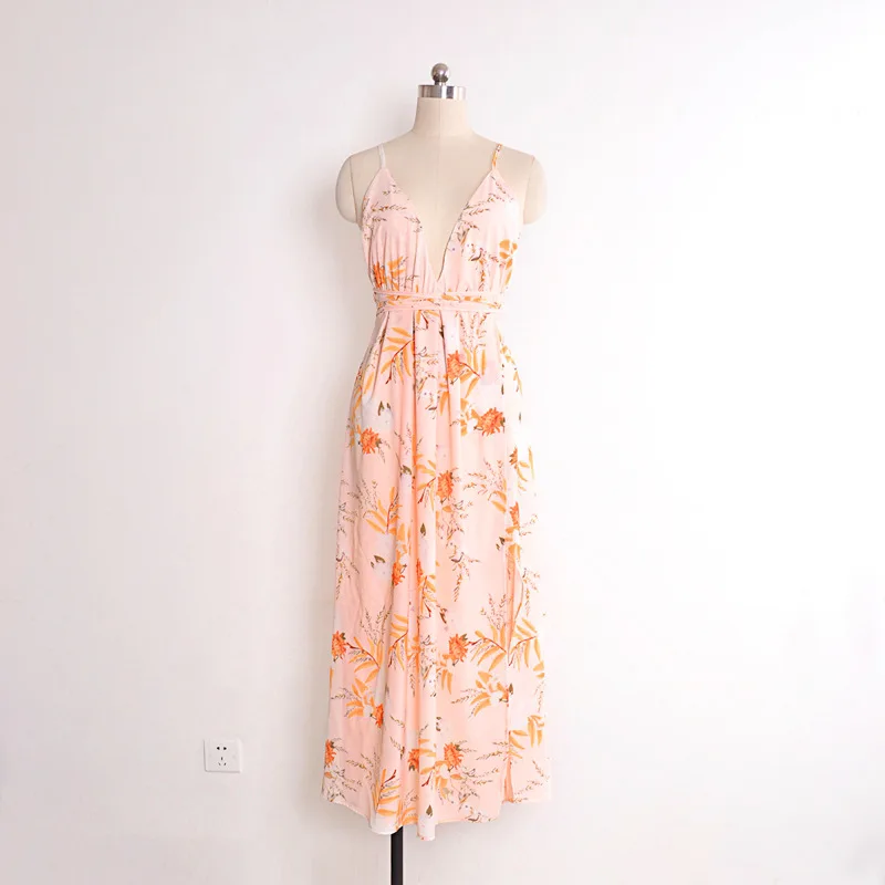 Женская Цветочная печать длинное платье без рукавов ремни сексуальные