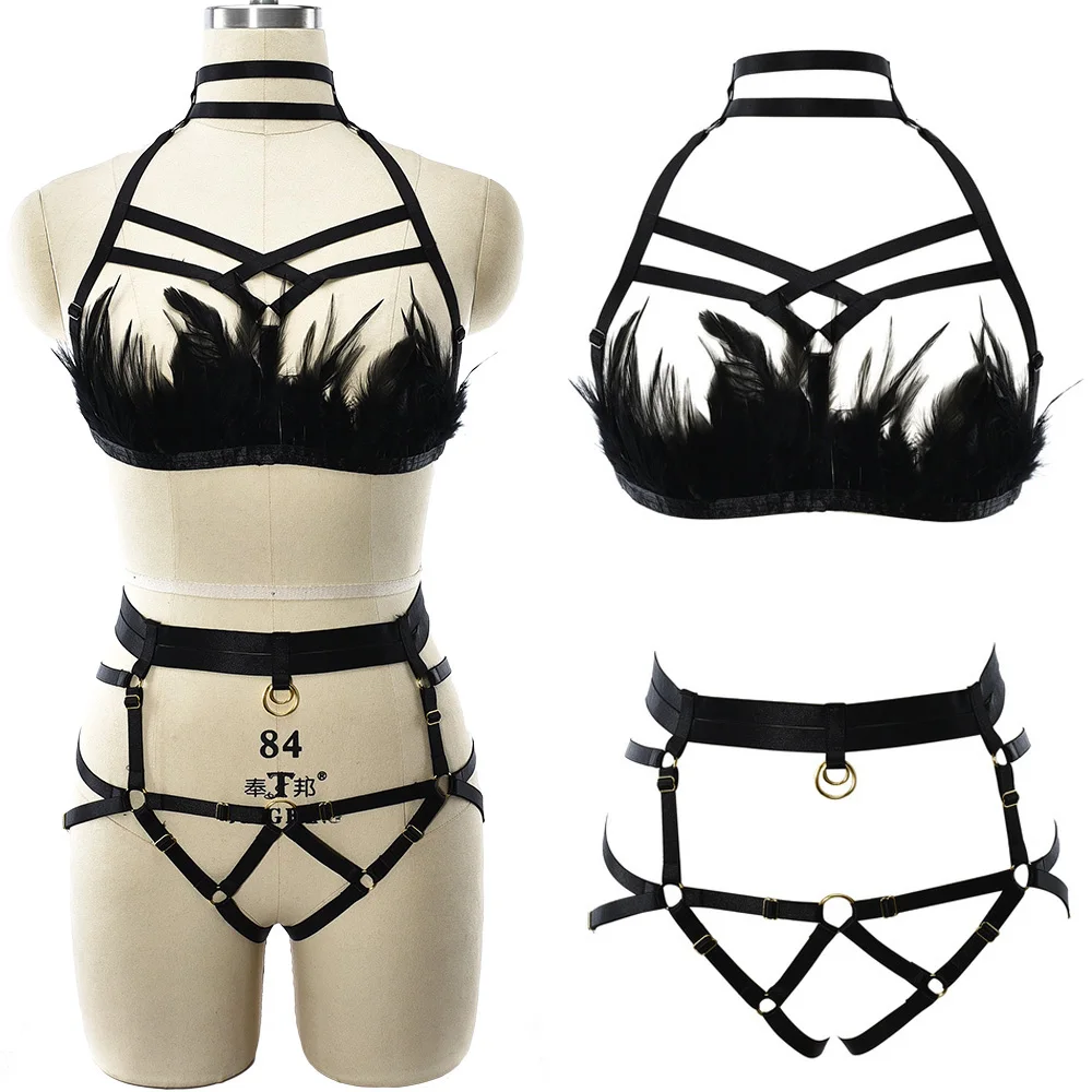 

Feather Sexy Bra Women Body Harness Cage Lingerie Harajuku Gothic Bondage Pantie G-string Sexy Thong Rave Wear Harness Set