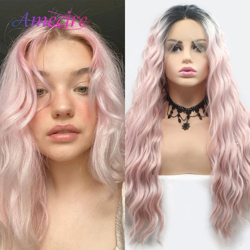 

Synthetic Lace Front Wigs Ombre Pink Color Long Natural Wave Wig Heat Resistant Synthetic Wigs For Black Woman