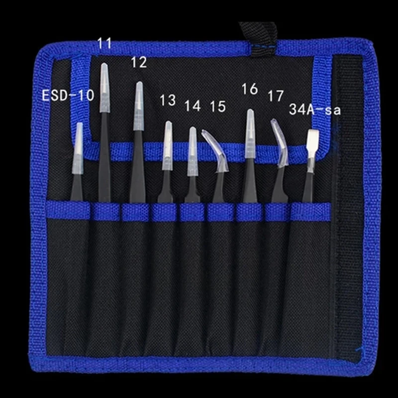 

10Pcs ESD Stainless Tweezers Tool Set High Precision Tip Curved Straight Antistatic Tweezer Nipper Repair Tool