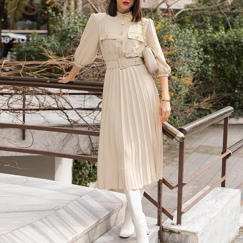 Женская мода платье трапециевидной формы Платье женское миди с оборками рукавом