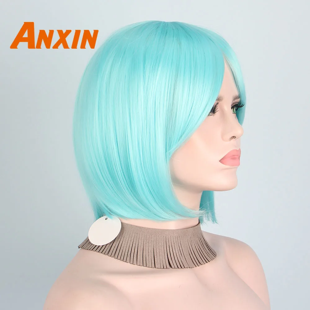 Женский Короткий прямой парик Anxin голубой 12 дюймов с челкой для косплея аниме
