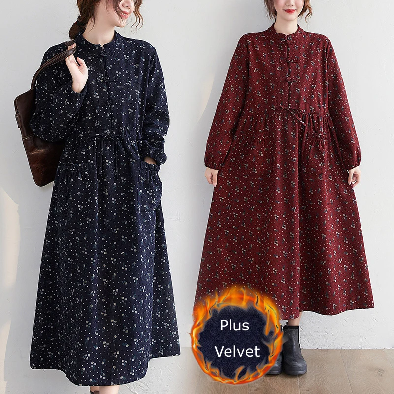 

2021 New Winter Velvet Robe Femme Cotton Linen Long Sleeve Floral Print Vintage Dresses Plus Size Women Casual Loose Midi Dress