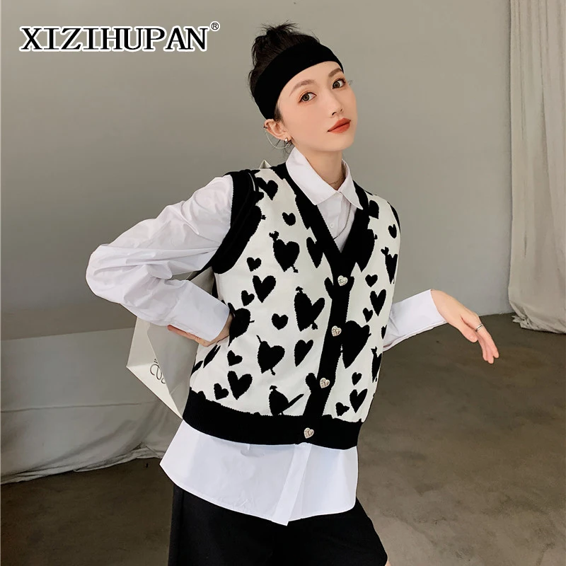 

Повседневный женский свитер XIZIHUPAN с рисунком сердца, трикотажный облегающий жилет без рукавов с V-образным вырезом и цветными блоками для же...
