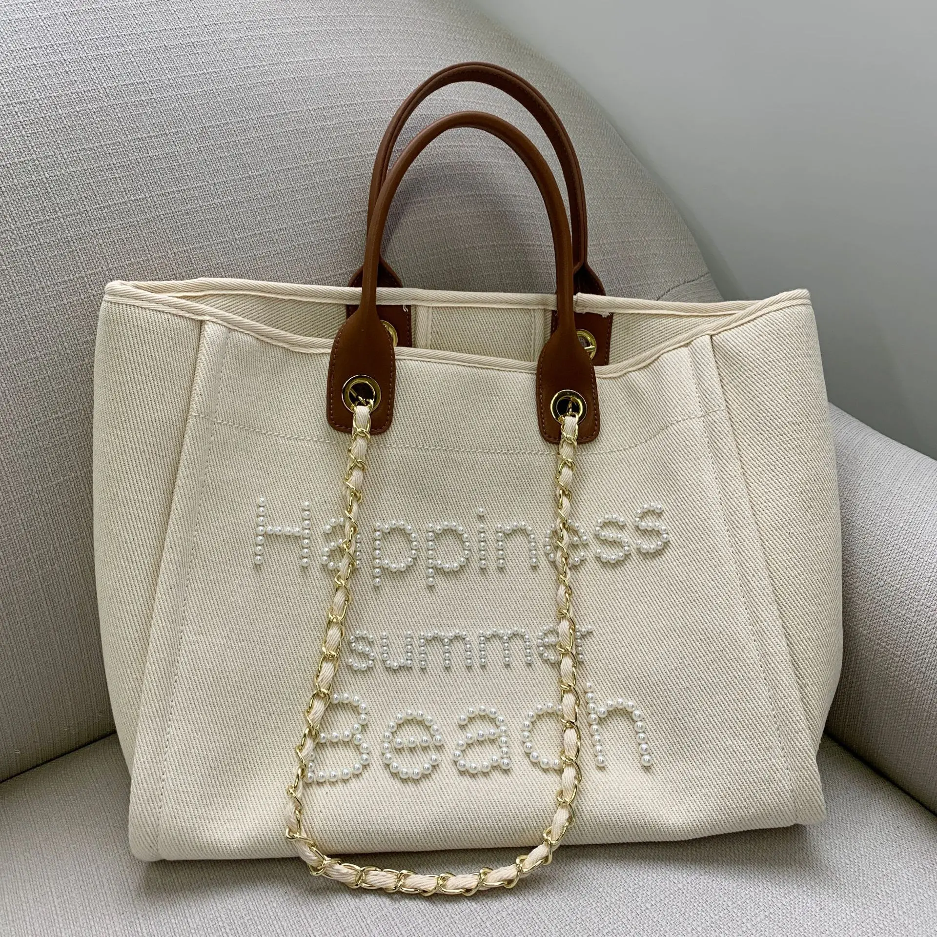 

New Women Tote Bag Fashion Canvas Large Handbag Chains Genuine Leather Shoulder Bags Ladies Big Messenger Bag Shopping Bag