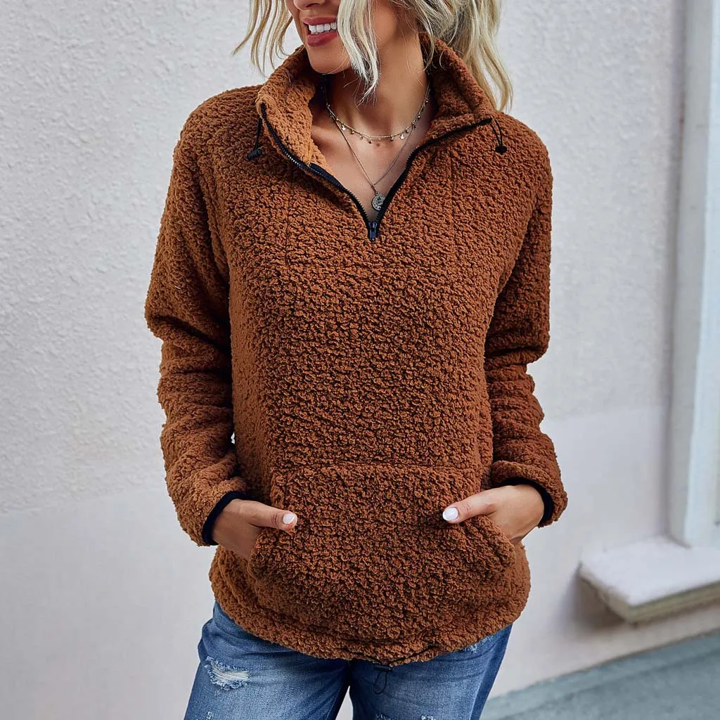 Зимние женские модные пушистые однотонные сохраняющие тепло толстовки на молнии