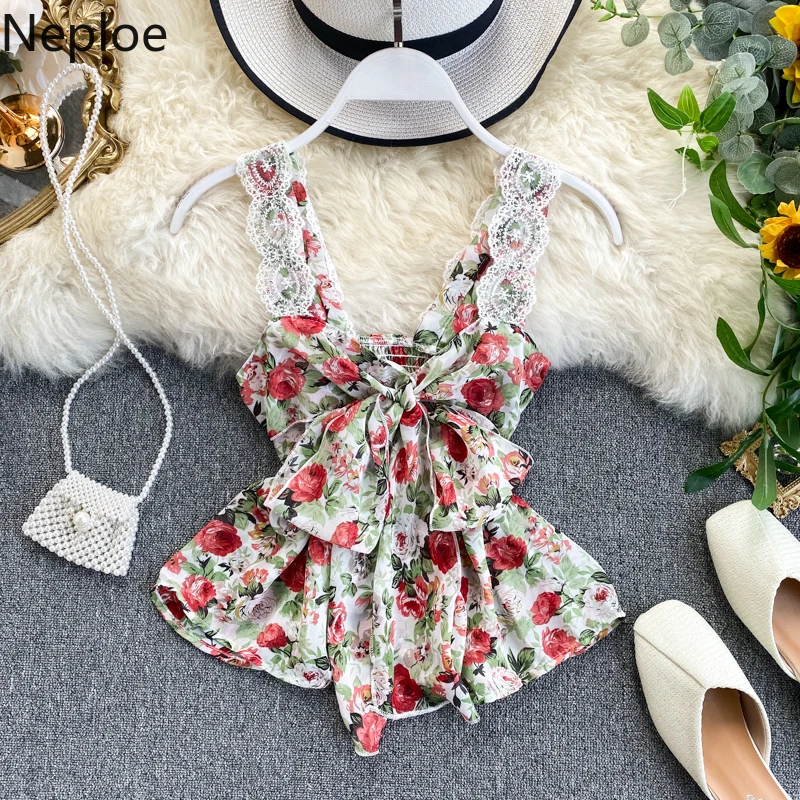 Женский кружевной жилет с открытой спиной Neploe топ на бретельках цветочным