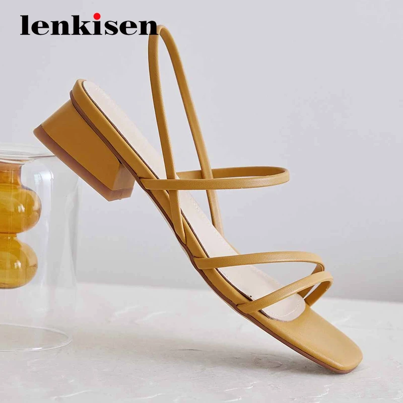 

Lenkisen new leisure high quality recommend narrow band square toe slip on med square heel young lady maiden summer sandals L52