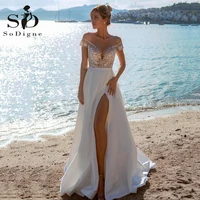 sodigne glitter lace boho wedding dresses 2022 off shoulder short sleeves beach bride dress side split illusion wedding gowns