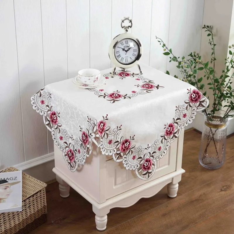 

Exquisite Satin Floral Embroidered Square Tablecloths Furniture Dust Cloth Household Decorative Fabric Square Table Cloth Cover