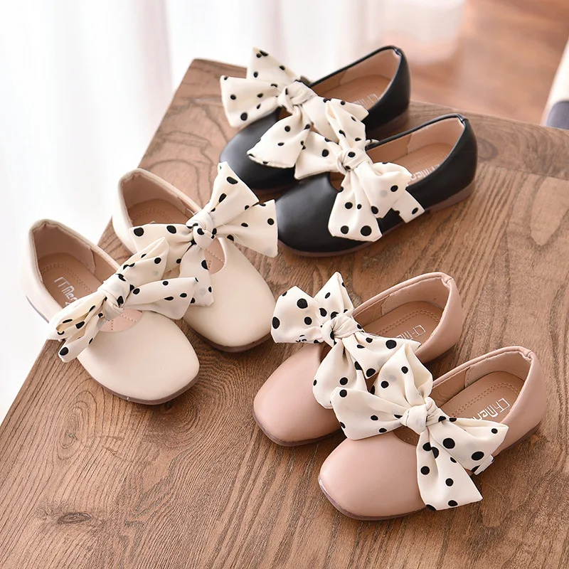 Sandalias de cuero para ni&ntilde;as, zapatos de ocio con pajarita, zapatos de baile de princesa con cinta de puntos, novedad de 2021-0