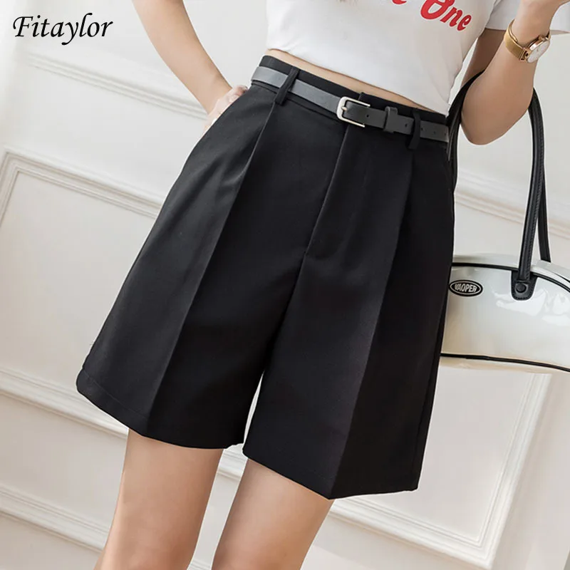 

Fitaylor Spring Summer Women High Waist Wide Leg Beige Shorts with Belt Casual Female Straight Loose Black Ins Ladies Shorts