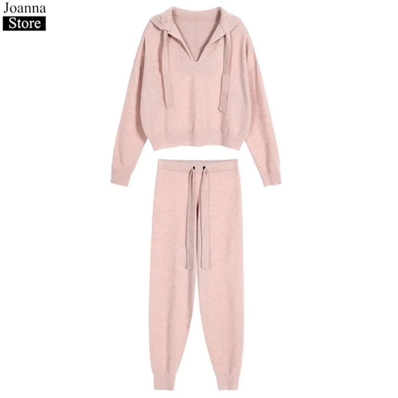 

Spring Knitted Two-Piece Set Women Bat Sleeve Hooded Sweater High Waist Slim Trousers Suits Pink Plus Size Casual Clothes Female