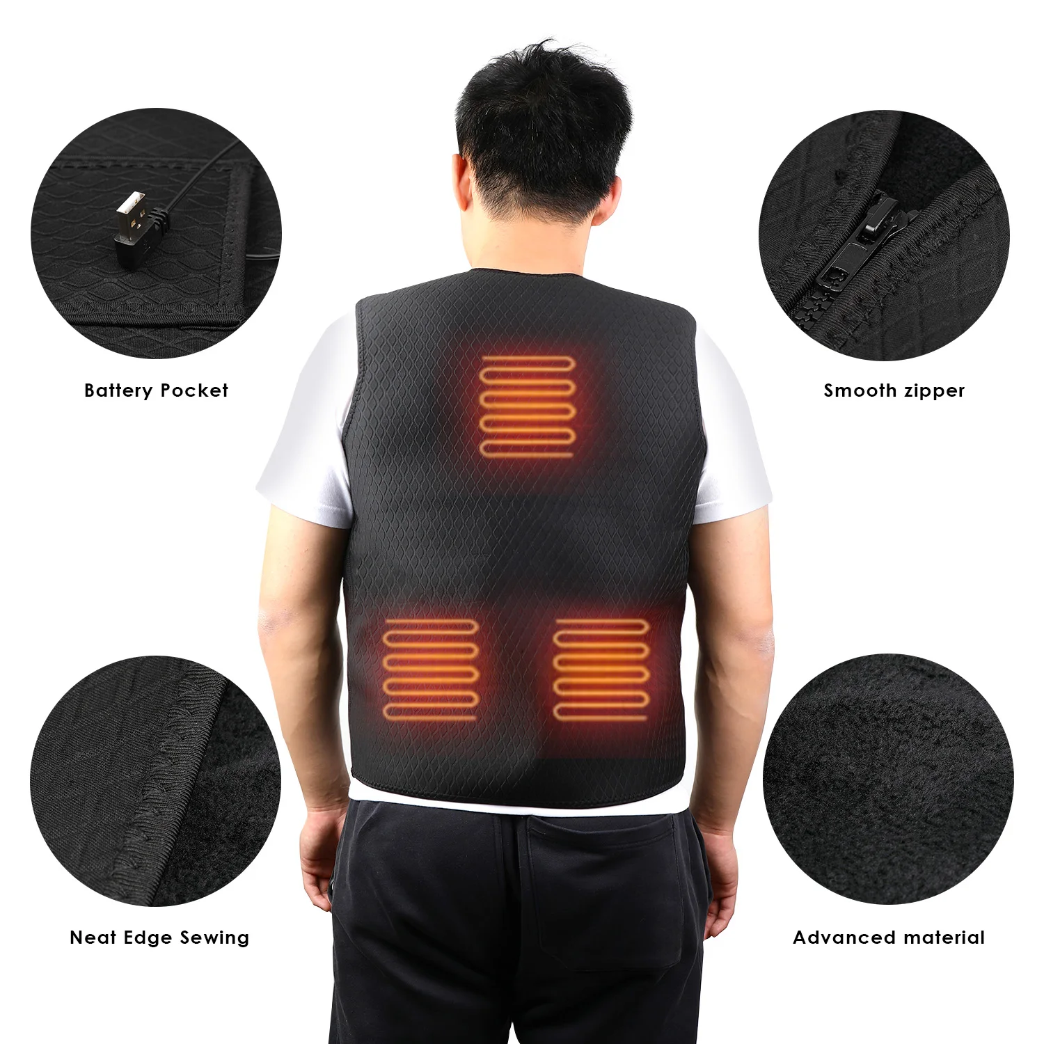 Моющийся USB нагревательный жилет 5 нагревательных панелей 3 температуры