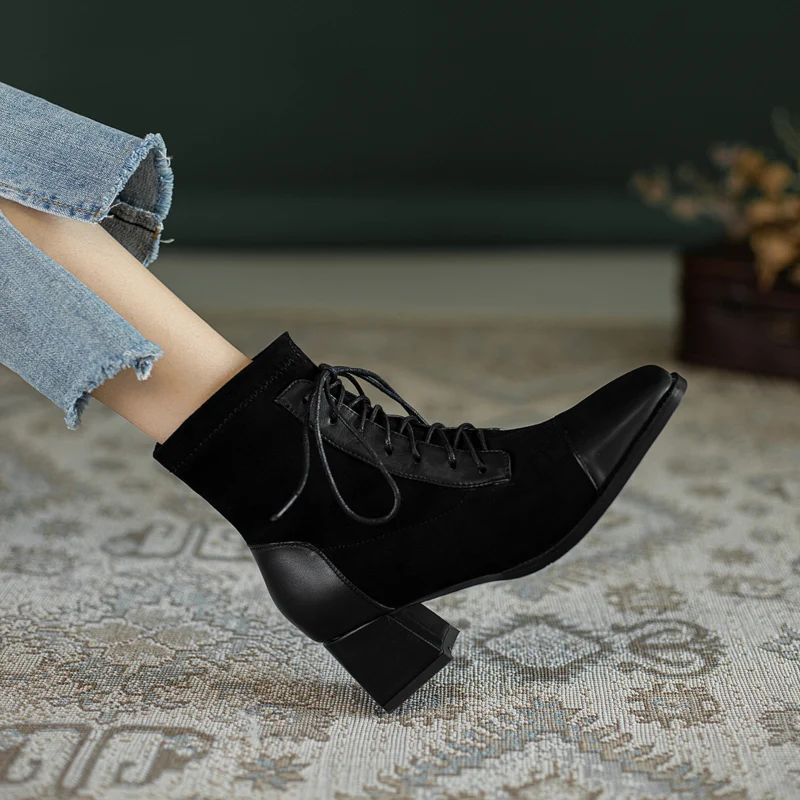 

ANNYMOLI Short Boots Women Shoes Round Toe Thick Heels Ankle Boots Lace Up High Heel Boots Ladies Autumn Winter Black Size 33-46