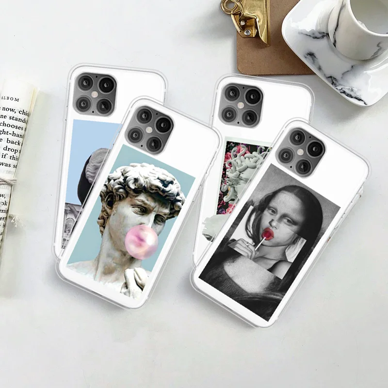 

Mona Lisa Clear TPU Phone Case For iPhone 11 Pro Max XR X Xs Max Funny David Soft Silicone For Apple 7 8 6 6s Plus 5 5s SE 2020