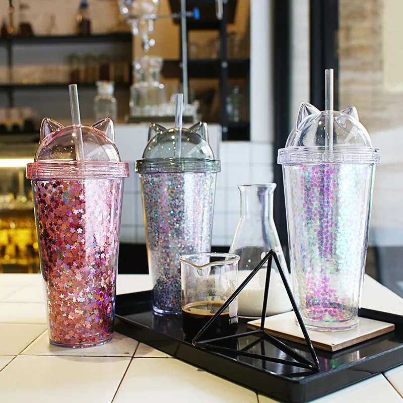 

420ml Cat Ear Water Bottle with Sequins BPA FREE Double wall Plastic Tumbler with straw reusable Smoothie Cup Drinkware,plastic