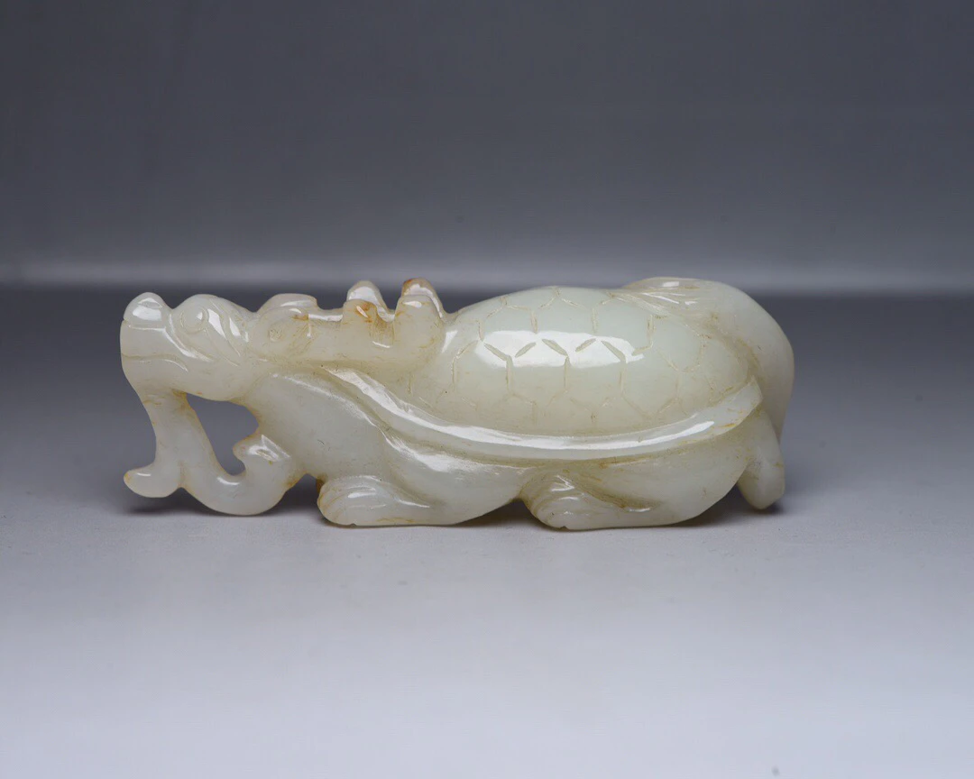 

Natural HeTian Jade Hold In Hand Statue Hand Caved Chinese Jade Dragon Turtle Amulet Jade Jewelry