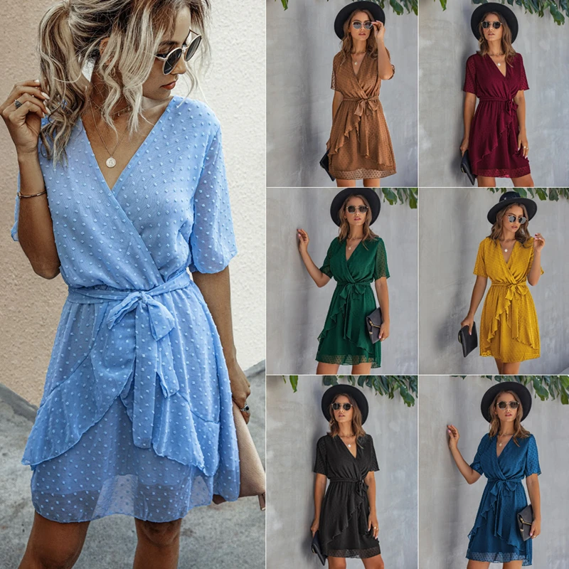 

Women Dress 2021 Summer V Neck Short Sleeve Lace Up High Waist Ruffles Mini Dresses Casual Solid Dots Loose Chiffon Dress Female