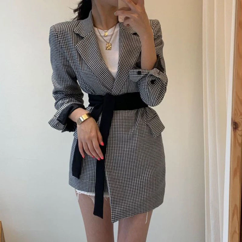 2021 Spring Women Coat Blazer Office Lady Autumn With Belt Contrast Plaid Korea Tide Slim Vintage Female XZ08 |
