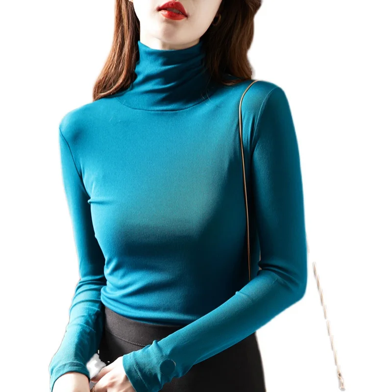 

Женская Базовая футболка, Новая женская рубашка с высоким воротником, элегантная облегающая Однотонная футболка с длинным рукавом, топы, бл...