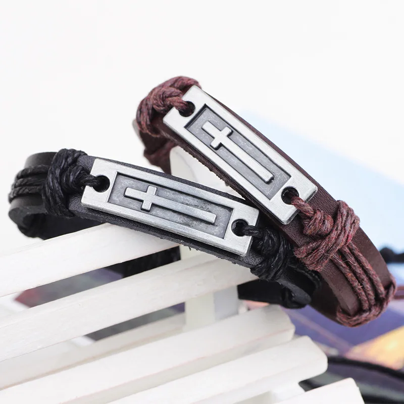 Коричневый черный кожаный браслет с крестом для мужчин и женщин Иисус