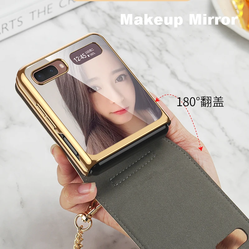 Luxury Flip Makeups Mirror Magnetic Cover for Samsung Galaxy Z Flip 5G F7070 F7000Card Slots Pocket Case Chain Shoulder Strap